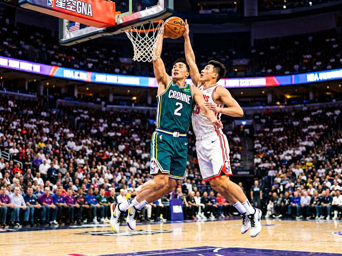 NBA季后赛精彩瞬间，球员空中扣篮的激烈对抗画面